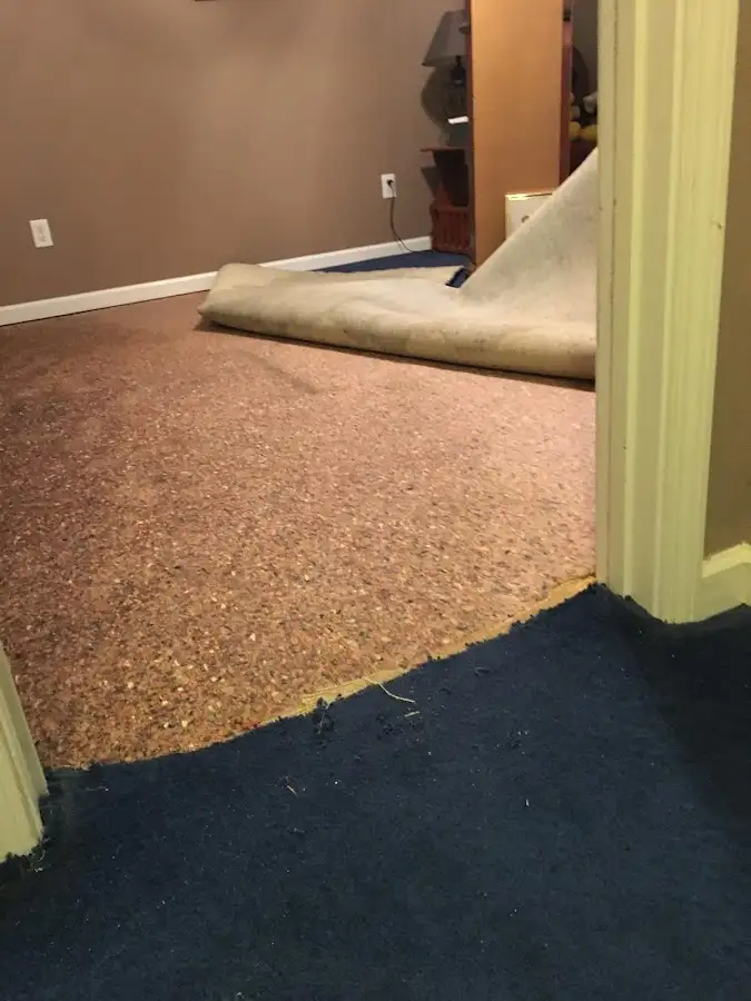 Carpet pad removal revealing water damage during Drying & Dehumidification in Terrell